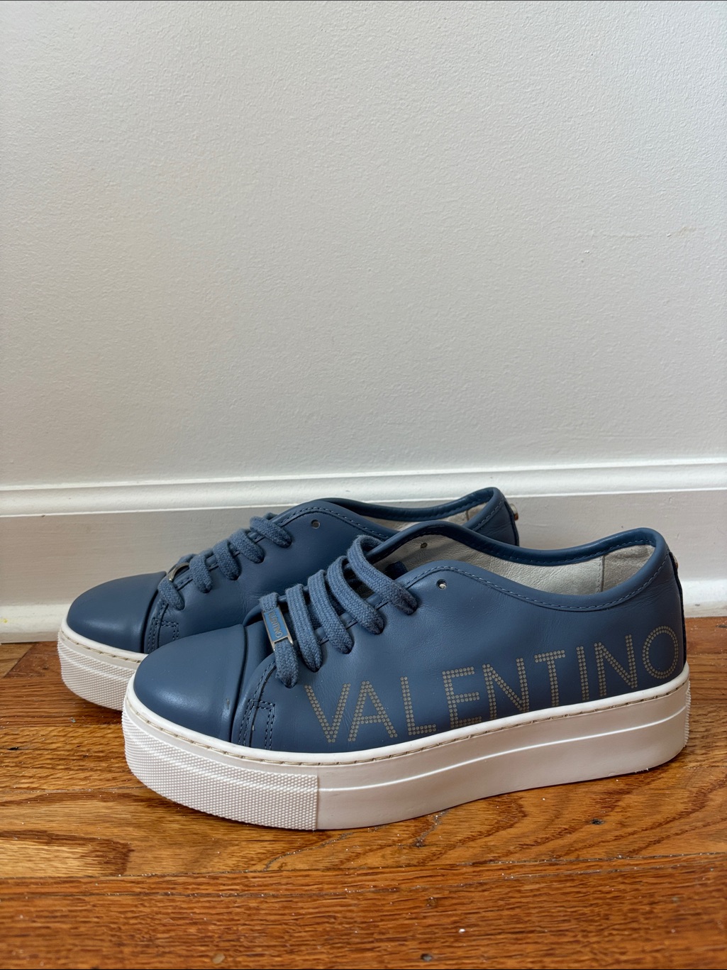 Valentino Navy Leather Platform Sneakers With Logo